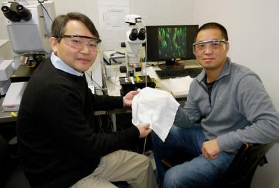 Researchers Yuhuang Wang and Min Ouyang holding newly developed fabric