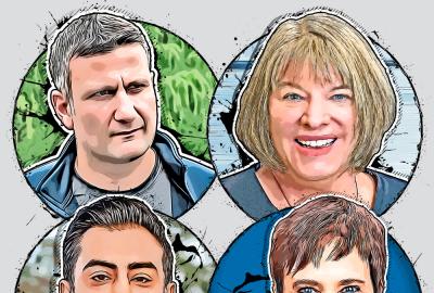 A colorful, illustrated collage of 4 CMNS alumni. Each is a headshot in a round frame.