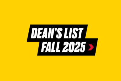 A UMD gold-colored box with bold italic text on a black ribbon that says Dean's List Fall 2025