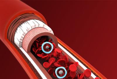 An illustration depicting the P6AS molecular container at work in the bloodstream