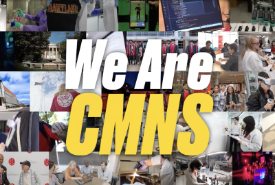 "We Are CMNS" text on top of a collage of science- and research-related images