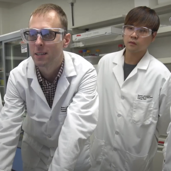 Dr. Peter Nemes and other researchers gathered around a computer. 