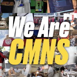 "We Are CMNS" text on top of a collage of science- and research-related images